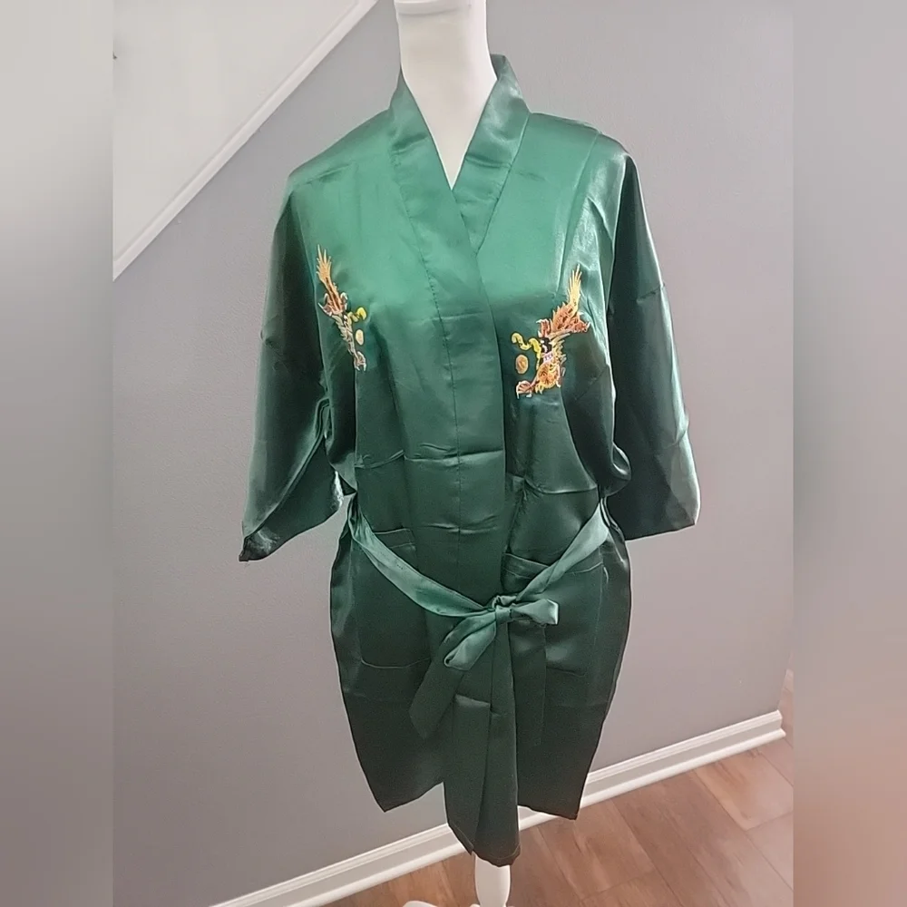 Vintage Golden Bee Chinese Satin Robe Dragon Hand Embroidery Green Free Size - Picture 3 of 4